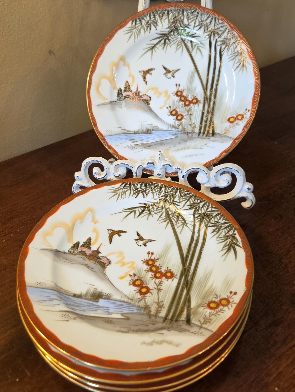 Set of 5 Vtg Japanese Kutani Dessert Salad Plates Handpainted Gold Accents 7.5"